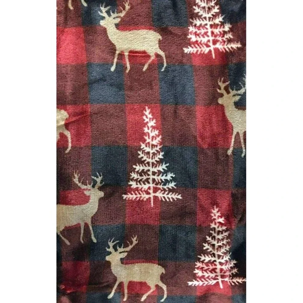 Christmas Fleece Throw Blanket Buffalo Check Deer Pine Trees Black Red 50X60